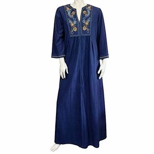 VINTAGE 60’s 70’s Lisanne Navy Blue Velour Floral Embroidered Maxi House Dress